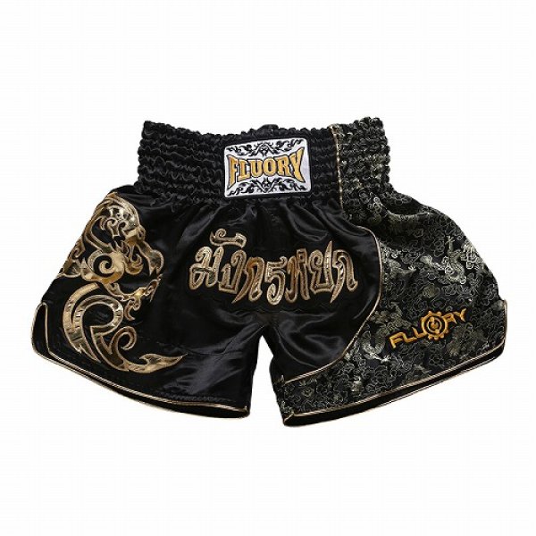Photo1: FLUORY Muay Thai Shorts MTSF15 Black/Gold (1)