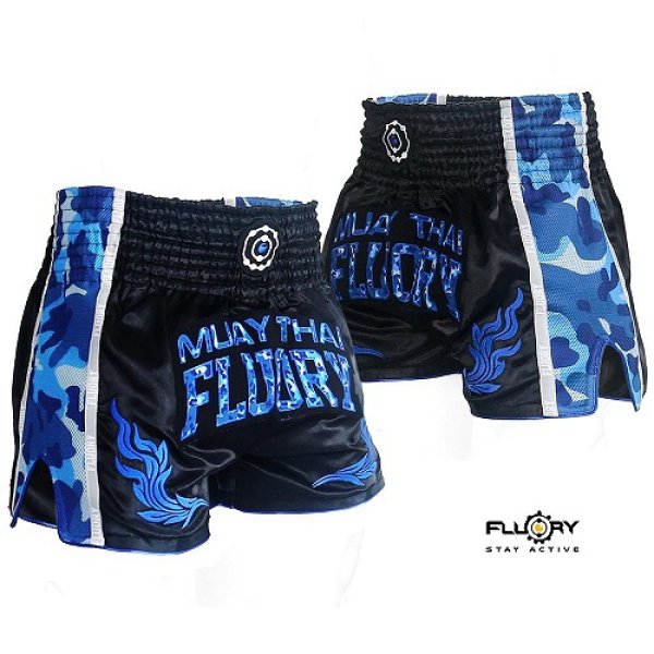 Photo1: FLUORY Muay Thai Shorts MTSF65 Black/Blue (1)