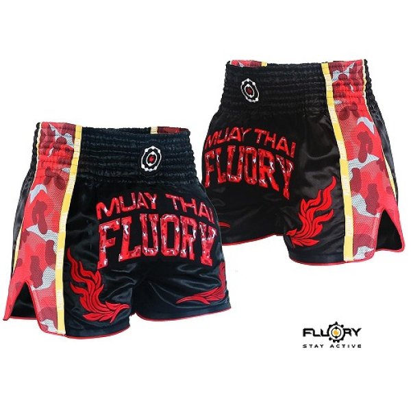 Photo1: FLUORY Muay Thai Shorts MTSF65 Black/Red (1)