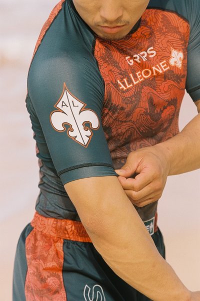 Photo2: GRIPS x AL LEONE Rashguard FOREST DRAGON Short Sleeve Petrol Green/Orange (2)