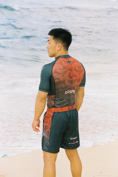 Photo3: GRIPS x AL LEONE Rashguard FOREST DRAGON Short Sleeve Petrol Green/Orange (3)