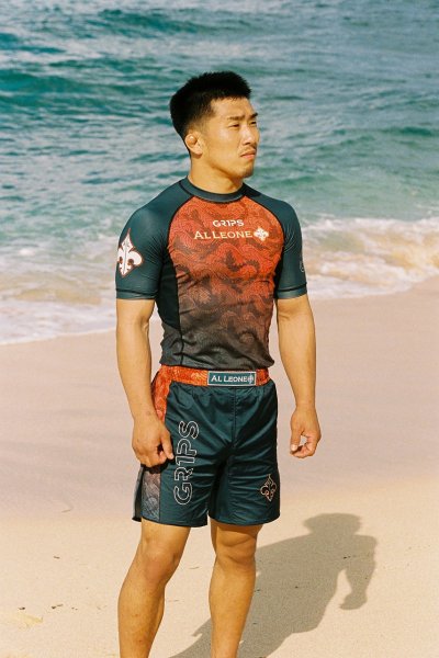 Photo1: GRIPS x AL LEONE Rashguard FOREST DRAGON Short Sleeve Petrol Green/Orange (1)
